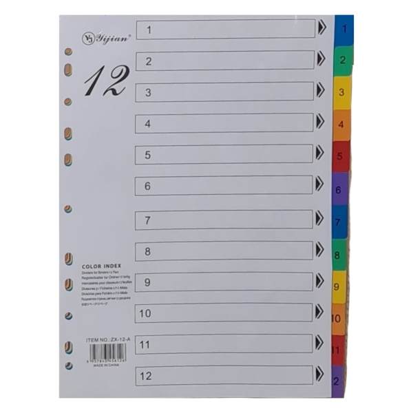 A4 PVC Numbered Index Divider 1–12 A4 Divider PVC Numbered Index 1 to 12 Printed for binders